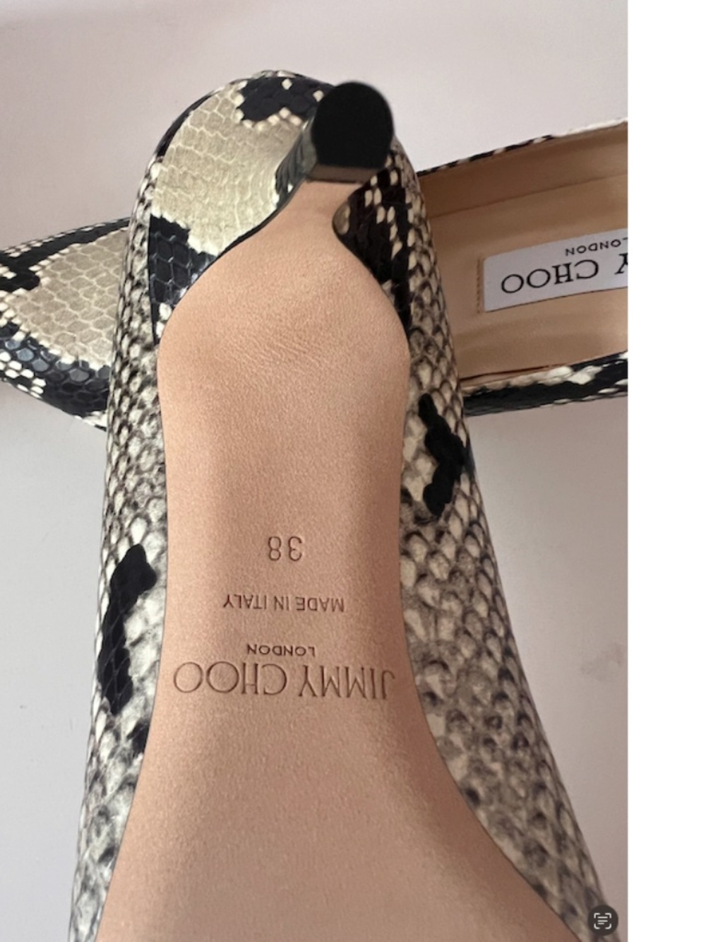 Jimmy Choo Beige/Black Python Embossed Leather Romy Pumps - Picture 6 of 13